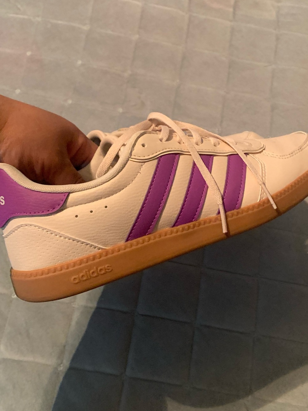 adidas beige  cloud foam plus Sneakers with Purple Stripes and Gum Sole
